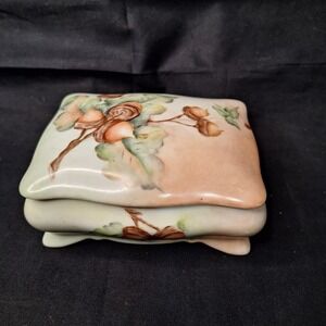 Vintage Hand Painted Porcelain Trinket Box Acorn Oak Leaf Autumn Jewelry Box